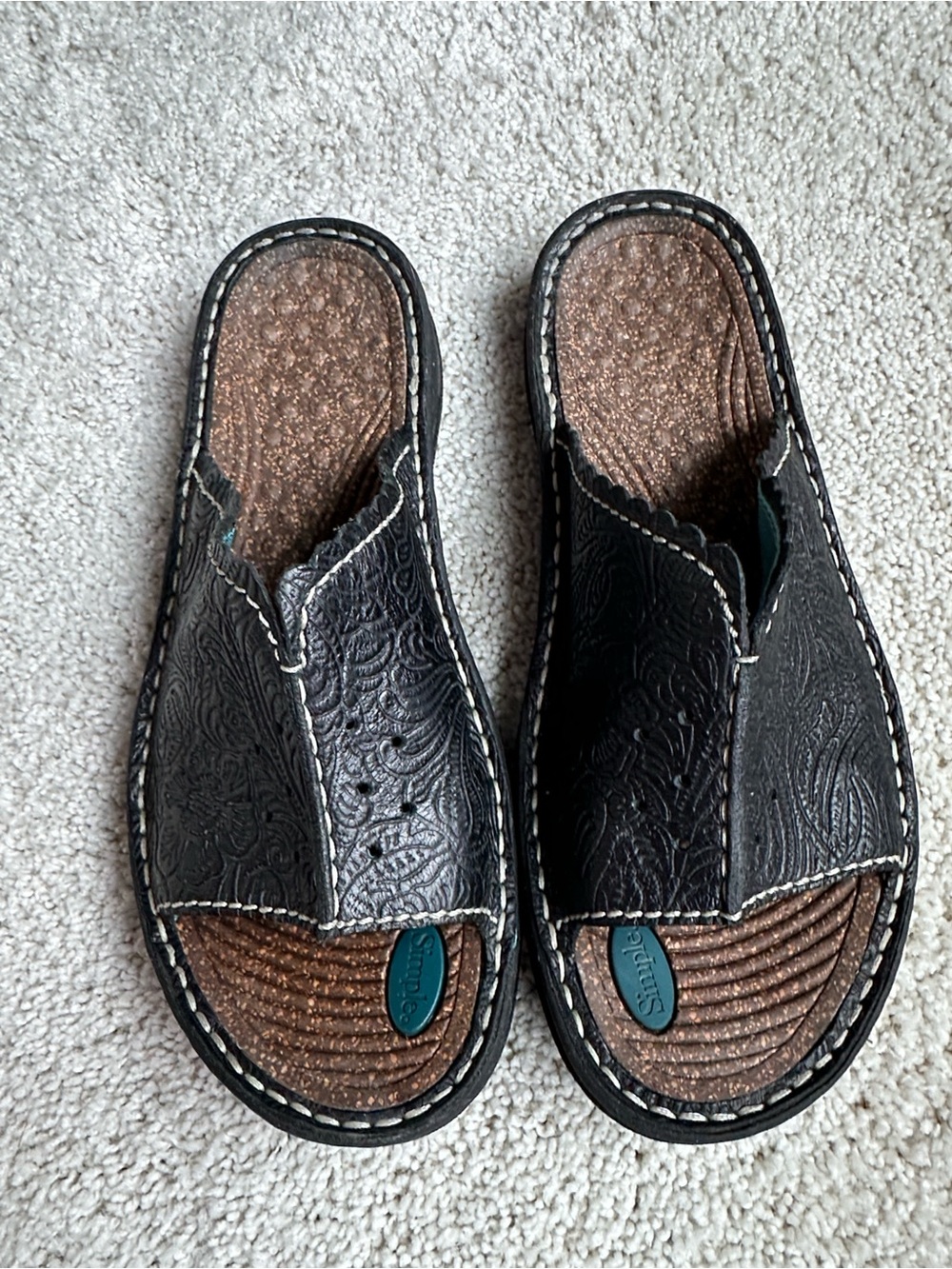 Simple Shoes Satire Black Tooled Leather Cork Slide Sandals Sz 8.5